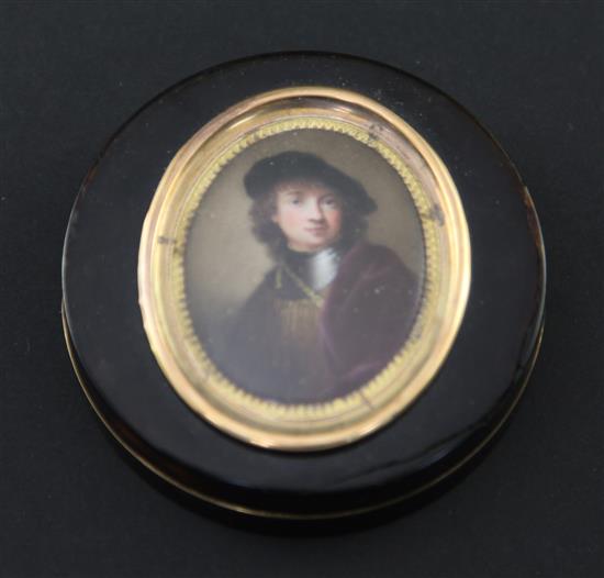 Nathaniel Hone R.A. (1718-1784) Miniature of Rembrandt as a young man, 1634, Miniature 2 x 1.5in. Box 3.25in.